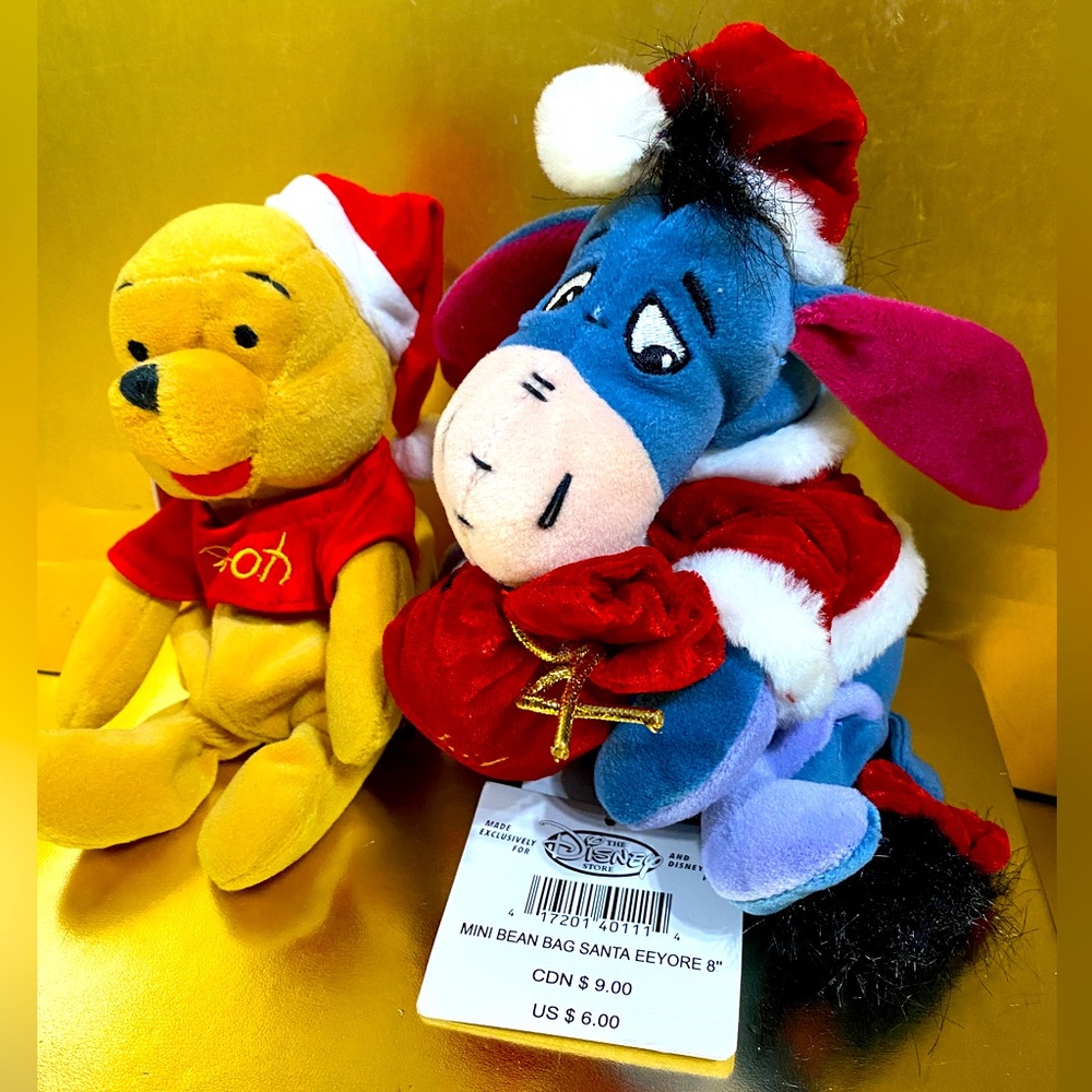 DISNEY STORE EXCLUSIVE NWT 90s CHRISTMAS WINNIE THE POOH & EEYORE BEAN BAG PLUSH
